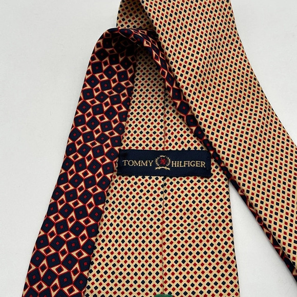 Tommy Hilfiger Orange Navy  Geometric Silk Men Neck Tie - Picture 2 of 6
